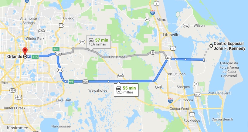 Mapa de como chegar no Cabo Canaveral para visitar o Kennedy Space Center