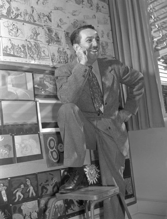Fazendo pose para uma foto junto a um painel de histórias do Pato Donald, 1945 (Earl Theisen)