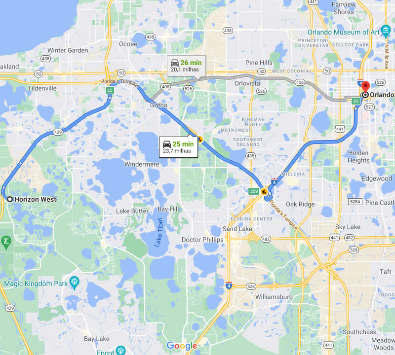Distância entre Horizon West e Downtown Orlando - 25 minutos de carro