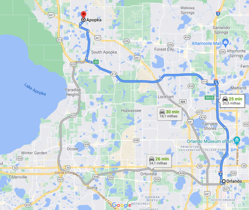 Mapa mostra proximidade de Apopka da cidade de Orlando