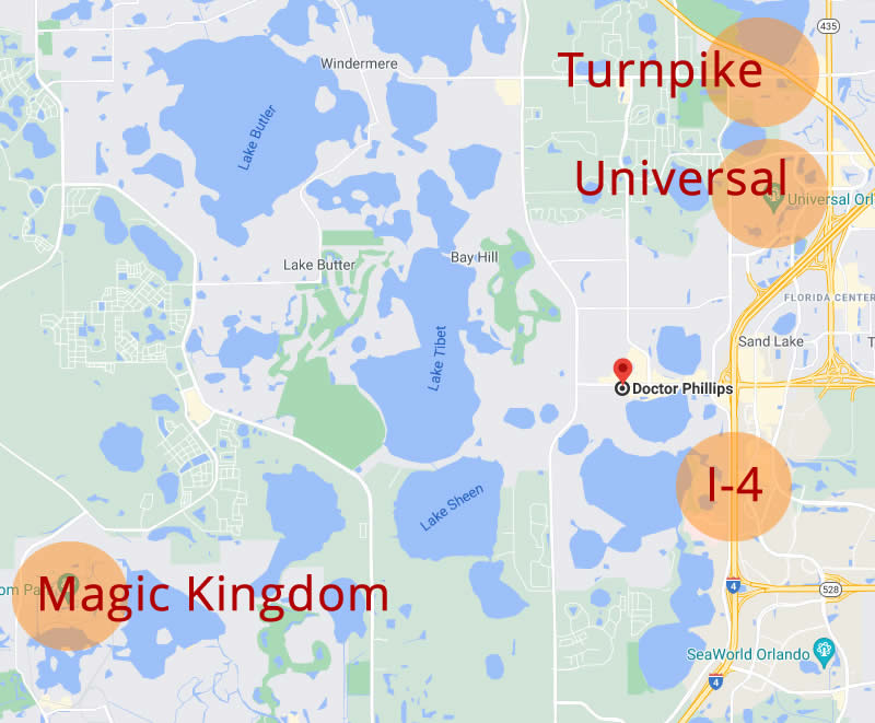 Mapa de Dr. Phillips: o bairro está próximo às principais rodovias e atrações de Orlando